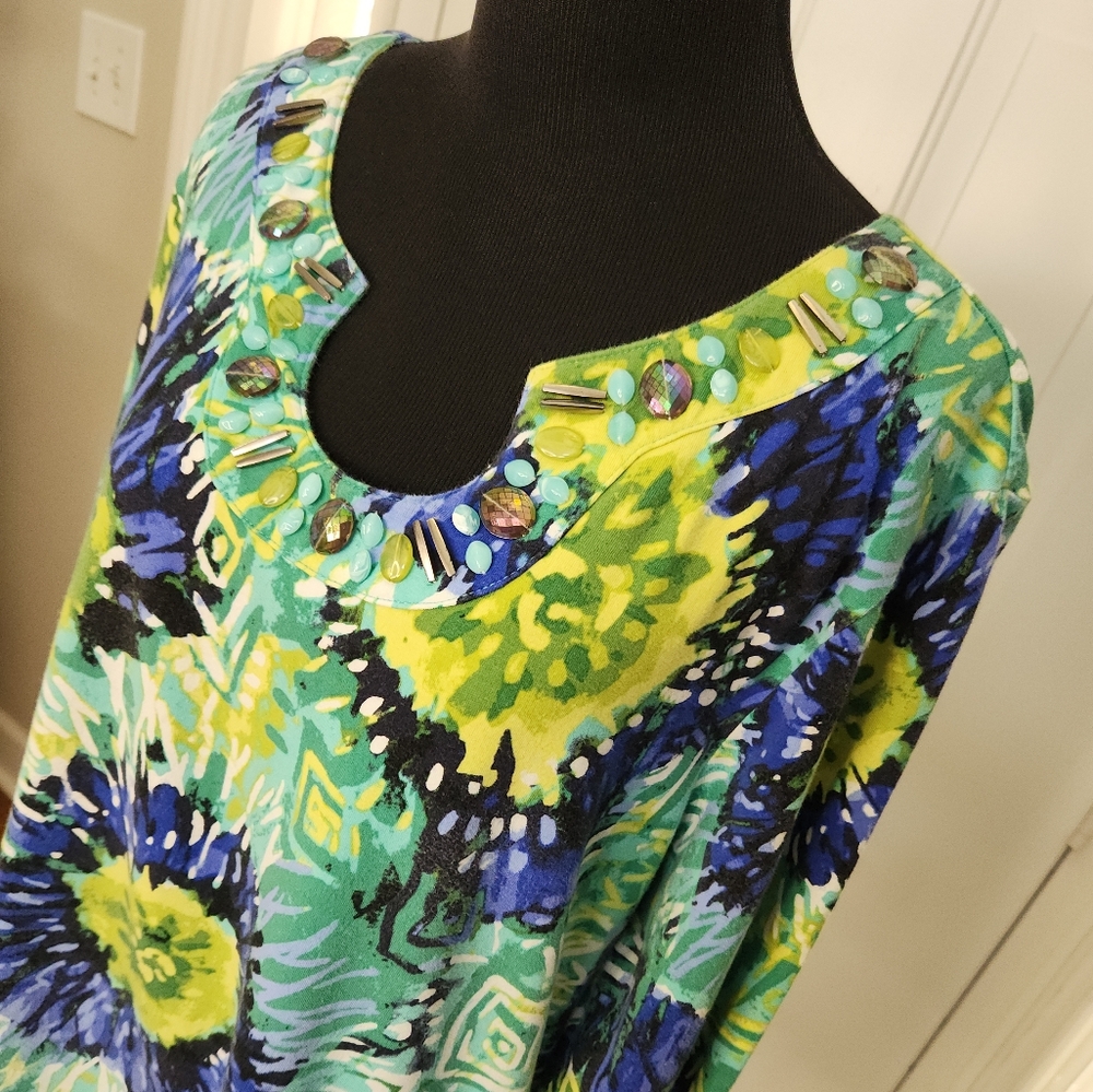 Ruby Rd. Beaded Floral Blues Greens Yellows Top Size 1X Plus